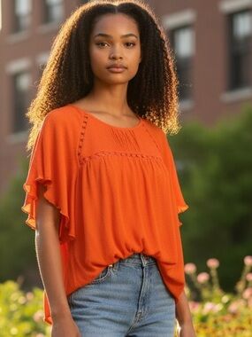 MELLODAY Flutter-Sleeve Peasant Blouse in Vibrant Orange